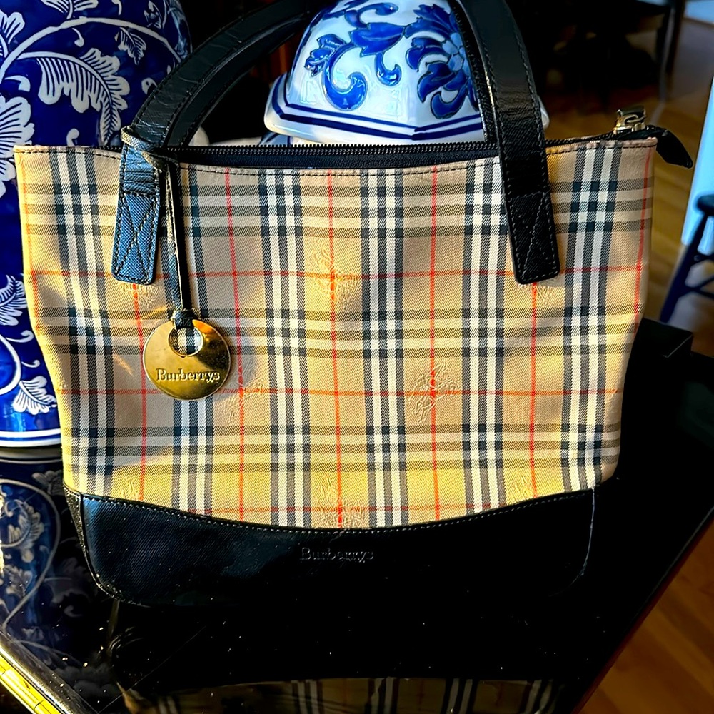 Burberry Nova Check Tote with Black Leather Trim with COA!
